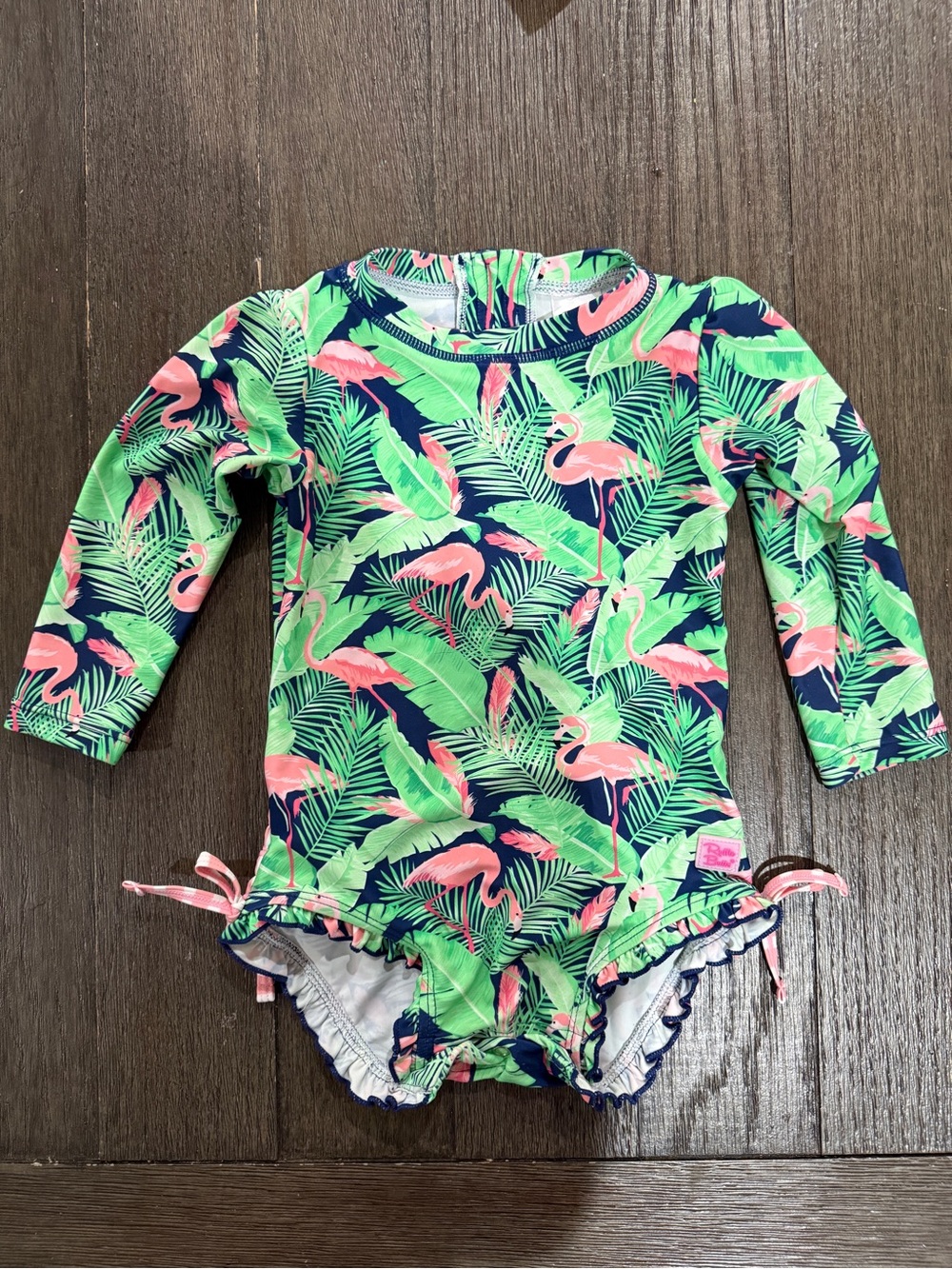 Ruffle Butts Toddler Long-Sleeve Flamingo Rashguard Swimsuit in Pink & Green
